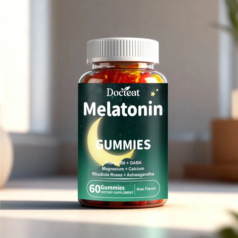 Melatonin gummies bottle in natural light